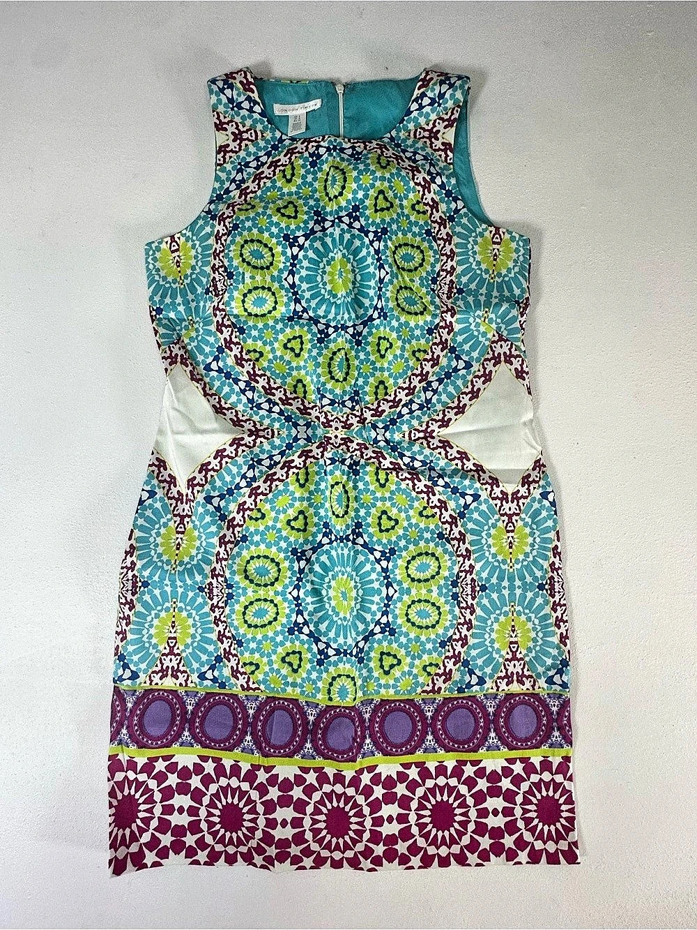 London Times Mosaic Geometric Medallion Shift Dress Size 4 Turquoise Pink Cotton